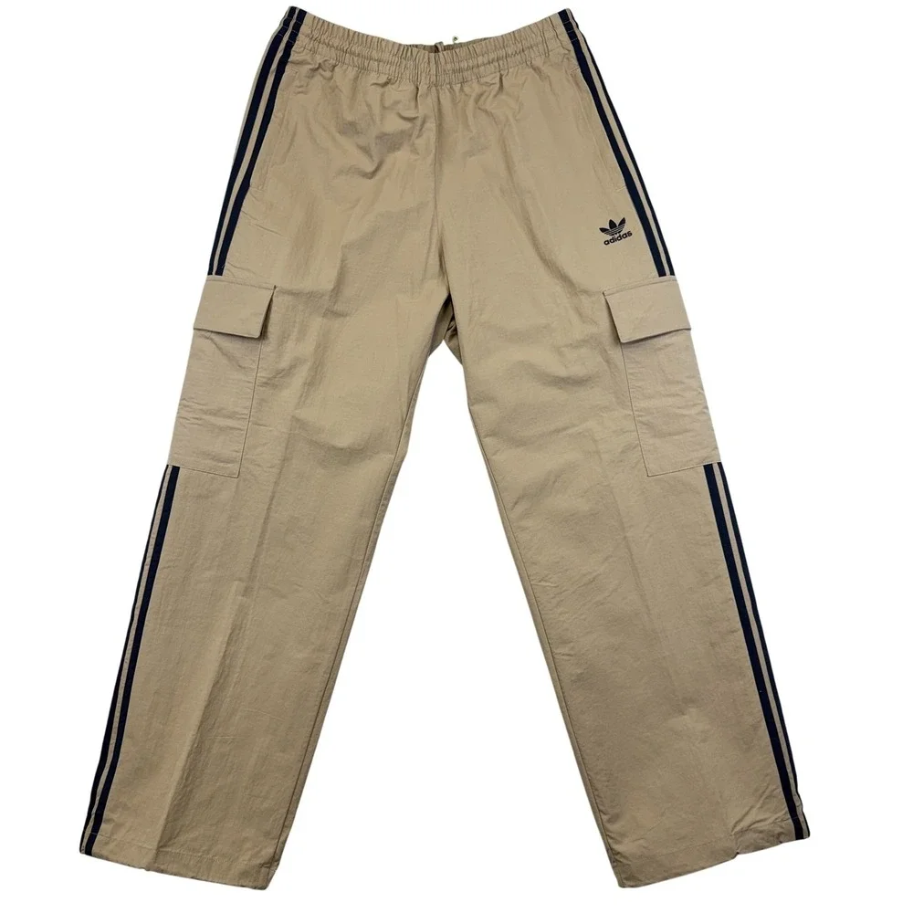 Adidas 3S Cargo Pants‎ Mens Medium Beige Originals Nylon Track Stripe Pockets